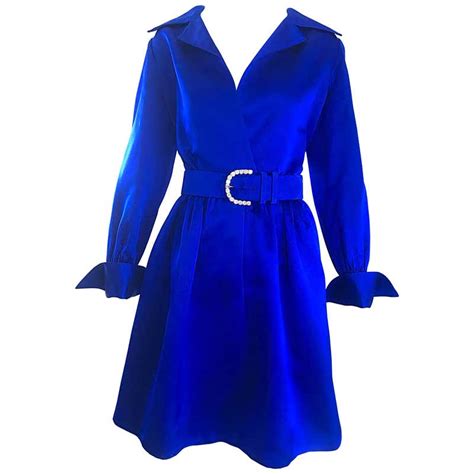 Gorgeous Bill Blass Couture Vintage 1970s Royal Blue Silk Satin Belted