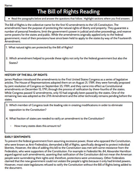 Bill Of Rights Reading With Questions Amped Up Learning