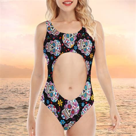 Skull Navel Back Hollow One Piece Swimsuit Skull Flower Skull Bathin