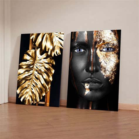 Quadro Decorativo Telas Mulher Negra Folha Dourada