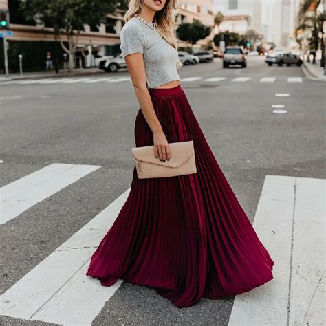 Fashion Women High Waist Chiffon Skater Flared Pleated Swing Long Skirt