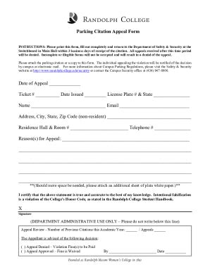 Fillable Online Parking Citation Appeals Form Randolph College Fax