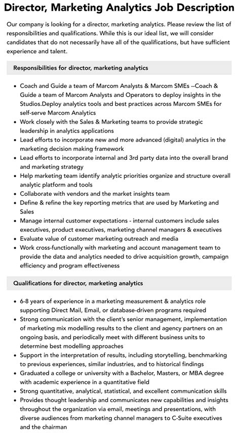 Director Marketing Analytics Job Description Velvet Jobs