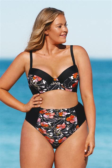 Bas de bikini grande taille à taille haute imprimé floral noir Cupshe