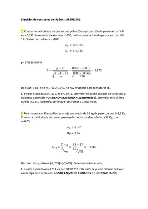 Ejercicios De Contrastes De Hipótesis Resueltos Ejercicios De Contrastes De Hipótesis