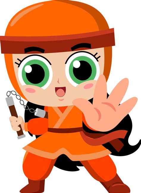 Cute Ninja Girl Warrior Cartoon Character With Nunchaku In Action ...