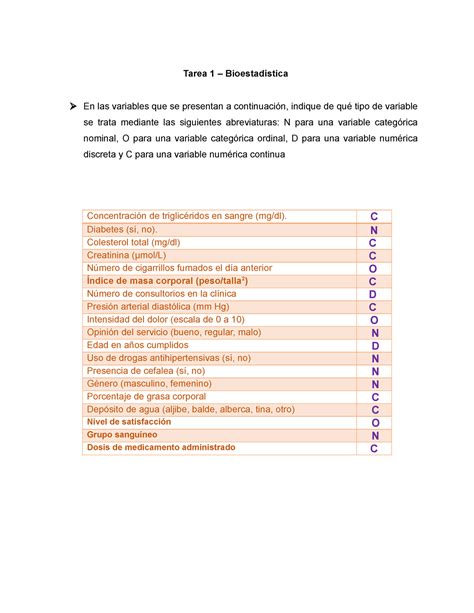 Bioestadistica ejercicios Tarea 1 Bioestadística En las variables