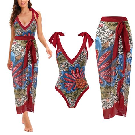 Pstuiky Women Pieces Beach Swimsuit Floral Print Bikini Swimsuit With Cover Up Wrap Skirt