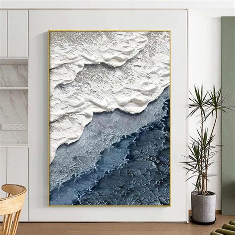 Large D Textured Coastal Wall Art Wave Painting Framed Blue Beach Wall