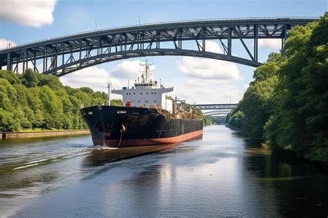 Premium Photo A Large Ship Is Traveling Down The River Under A Bridge