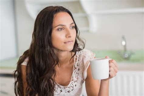 Pretty Brunette Holding A Mug Stock Image Image Of Dreaming Crockery
