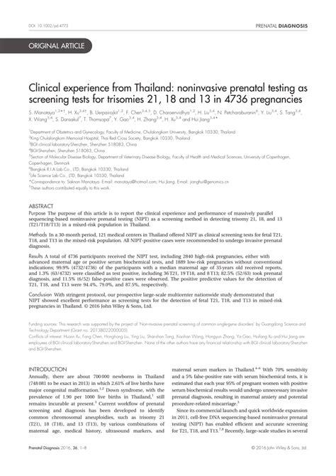 Pdf Clinical Experience From Thailand Noninvasive Prenatal Testing