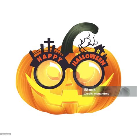 Carved Halloween Pumpkin Head Jack Lantern Wearing Halloween Party Glasses Stock Illustration