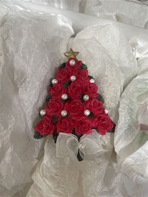 Avon Resin Red Rose Faux Pearl Christmas Tree Brooc Gem