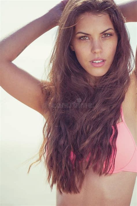 Portrait Of Happy Girl In Pink Bikini Stock Photo Image Of Hair Body 65978170