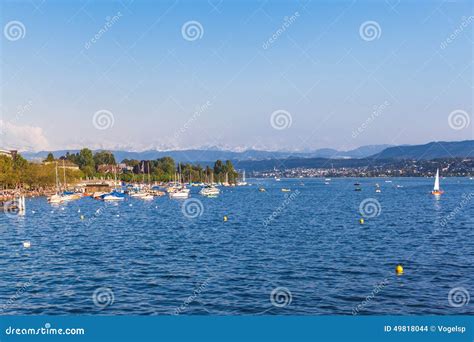 View Of Zurich Old Town The Lake And The Alps Before Sunset Stock