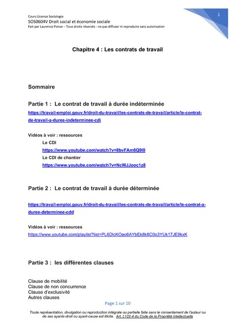 Sed Chapitre Les Contrats De Travail Cours Licence Sociologie