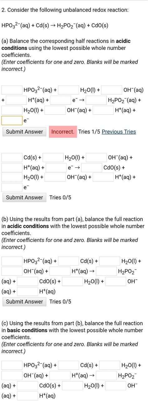 Solved Consider The Following Unbalanced Redox Reaction Chegg