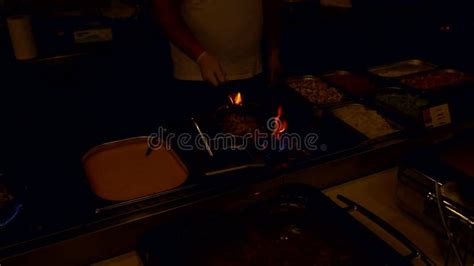 Chef Flipping Flaming Frying Pan In Dark Kitchen Stock Video Video Of