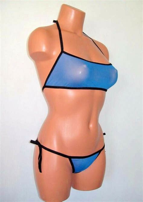 Turquoise Blue Sheer Spandex Micro Mesh Sidetie Low Cut Halter Top Lingerie Set Etsy