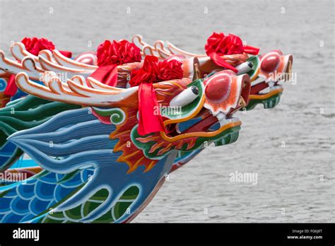 Dragon Heads On Dragon Boats On Keelung Jilong River Taipei Taiwan