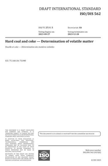 ISO DIS 562 2023 Hard Coal And Coke Determination Of Volatile Matter