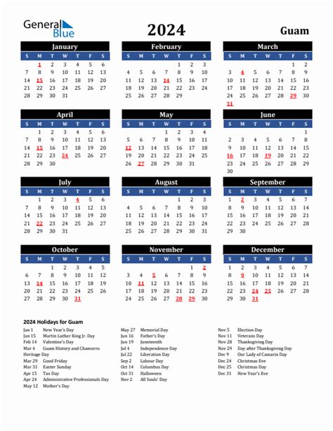 Free Printable Guam Holiday Calendar