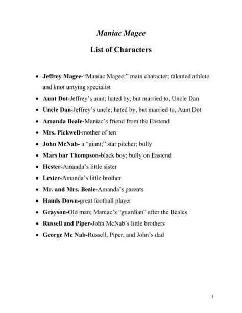 Maniac Magee List of Characters - Rpsnj.org