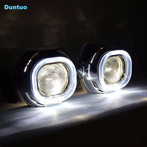 Led Car Headlights Angel Eyes Auto Lens Headlight Drl Hi Lo Beam Lamp