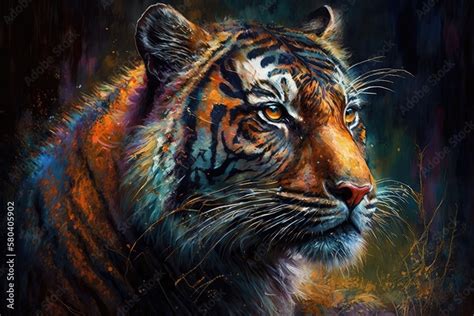 The painting is of a tiger. Original oil painting. The tiger is bright ...