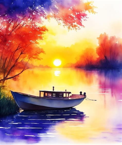 Premium Photo | Watercolor boat at sunset