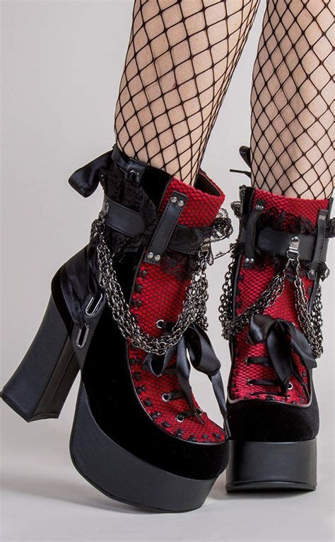 CHARADE 110 Black Red Velvet Boots Platform Heels Chunky Heels Lace