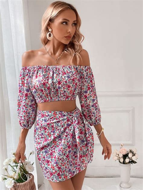 Shein Vcay Ditsy Floral Print Off Shoulder Crop Top Knot Side Wrap