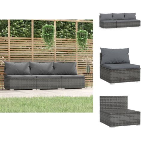 Gartenmöbel Sets Living 3 Sitzer Sofa mit Kissen Grau Poly Rattan