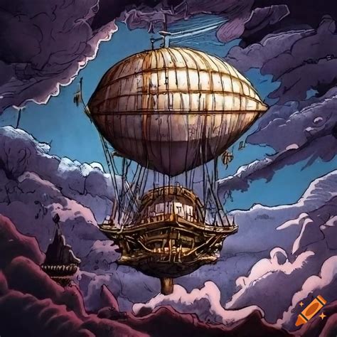 Steampunk Airship In The Sky Drawn By Kentaro Miura In The Style Of