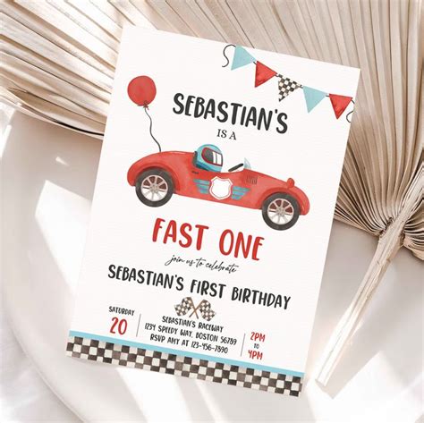 Editable Fast One Race Car St Birthday Invitation Race Car Fast One