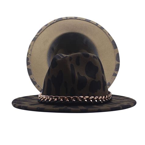 Bmnmsl Classic Cow Print Jazz Fedora Hat With Chain Detailing