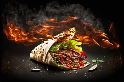 Shawarma Tradicional Con Carne Y Verduras En Pan Plano Al Fuego Sobre