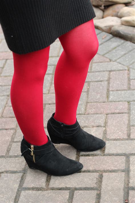 Work Outfit Turtleneck Sweater Dress With Red Tights And Wedge Boots