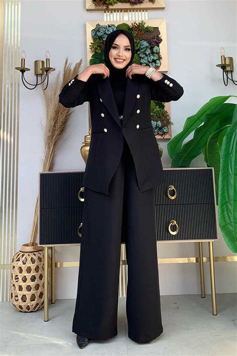 Düğme Detay Blazer Ceket Bol Pantolon Takım 8302 Siyah BymFashion