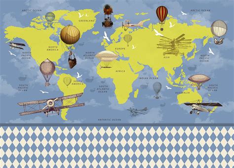 Geographical Cartoon World Map Wallpaper With Fire Balloon - Etsy