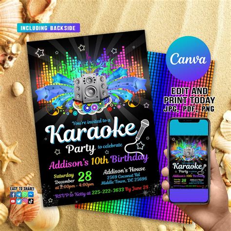 Editable Karaoke Party Birthday Invitation Glow Karaoke Birthday Party Neon Singing Music Party