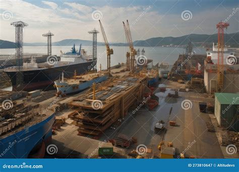 Shipyard, with View of Ships in Various Stages of Construction Stock ...