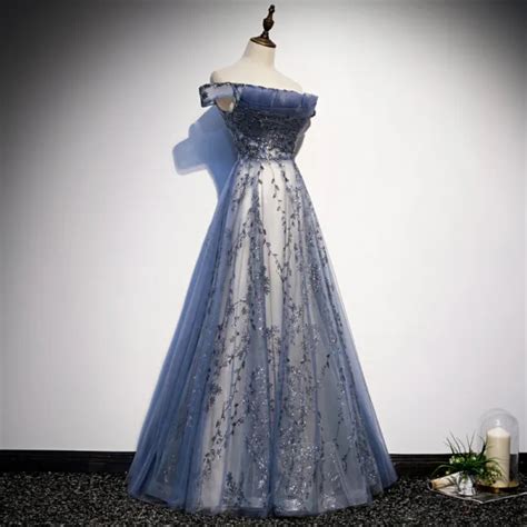 Modern / Fashion Ocean Blue Evening Dresses 2020 A-Line / Princess Off-The-Shoulder Sequins ...