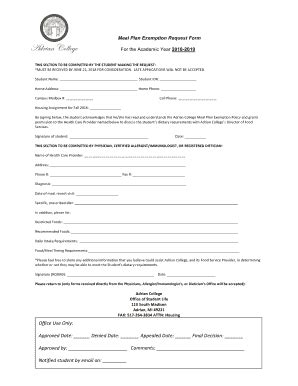 Fillable Online Meal Plan Exemption Request Form Adrian College Fax