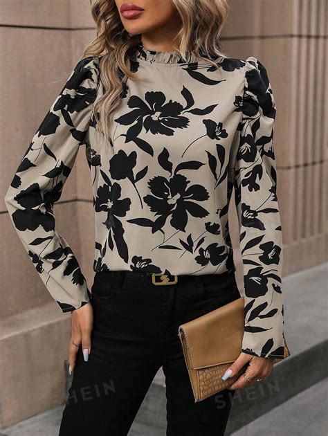 Shein Clasi Floral Print Mock Neck Puff Sleeve Blouse Shein Usa