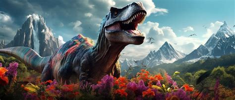 Premium AI Image | dinosaur of flowers and mountains wallpaper background