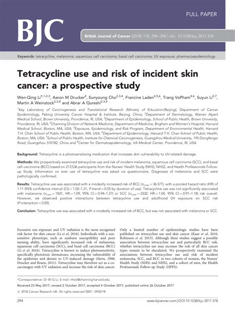 Pdf Tetracycline Use And Risk Of Incident Skin Cancer A Prospective