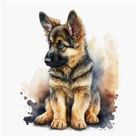 A Watercolor Painting Of A German Shepherd Puppy Sitting On The Ground