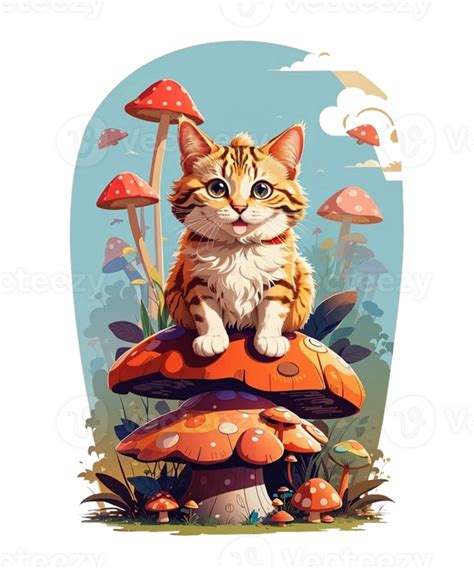 AI Generative Cat Loves Mushroom Clipart Illustration for Print on ...